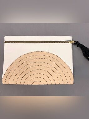 Anchal Project Eclipse Pouch Sand Canvas NWT Boho Clutch Embroidered Signature